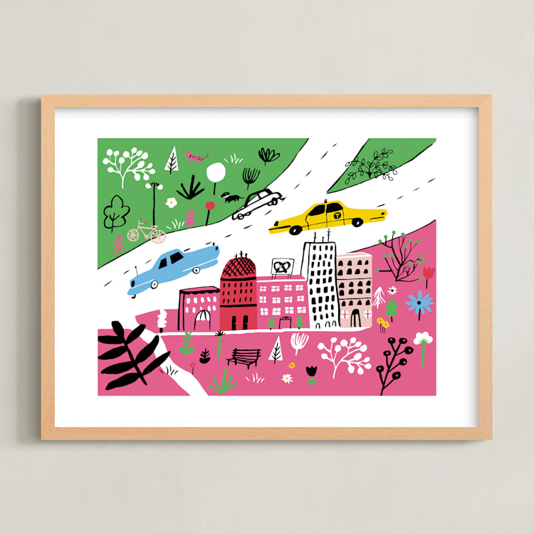 "City State of Mind" - Art Print in Flamingo Pink by Jordan Sondler - Framed