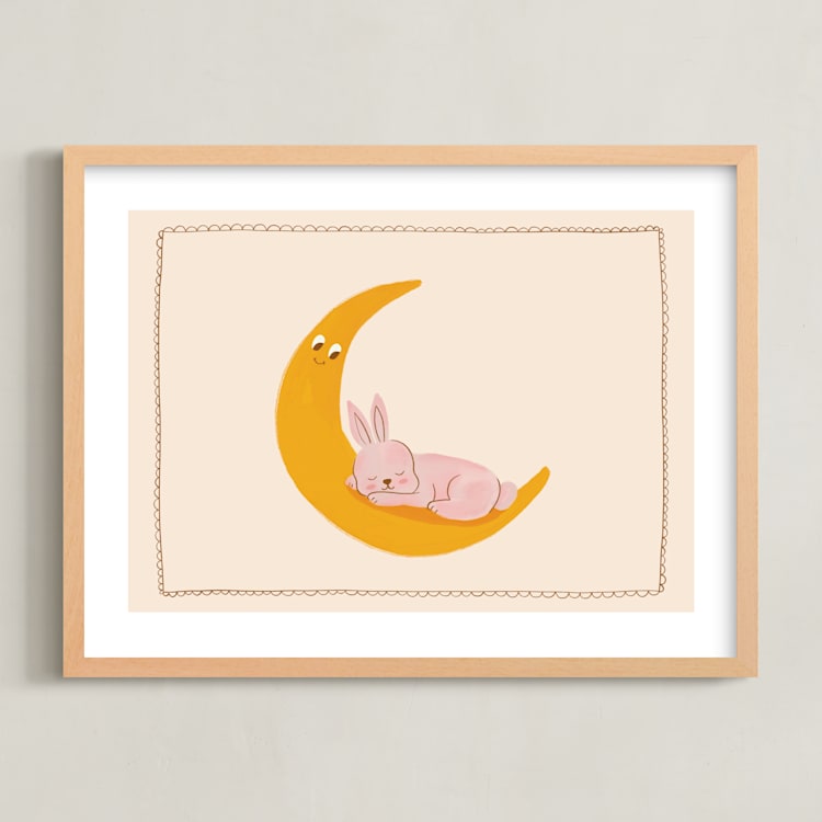 "Sleeping Bunny" - Art Print in Beige by Kartika Paramita - Framed