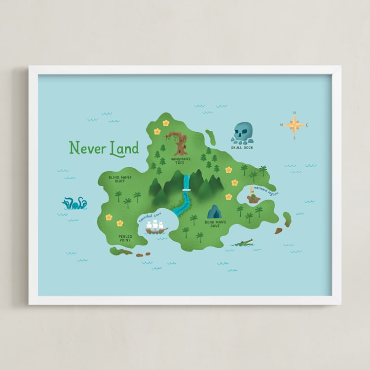 "Never Land Map" - Art Print in Ocean by Renee Christensen - Framed