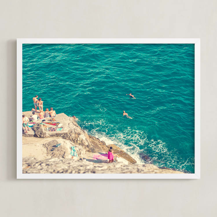 "Seaside" - Art Print in Bright Teal by Kitty Seeber - Framed