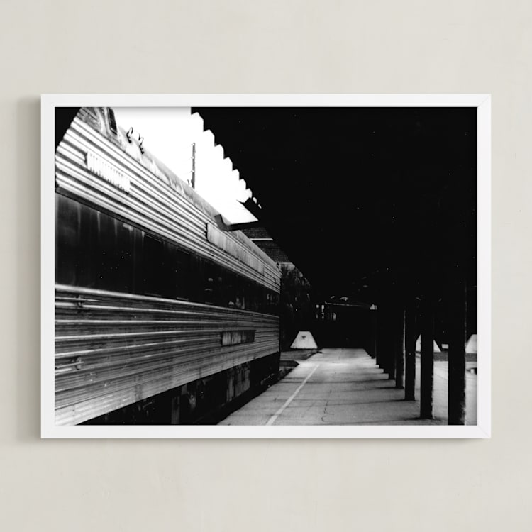 "Black and White Train Platform" - Art Print in Black and White by Aquenne - Framed
