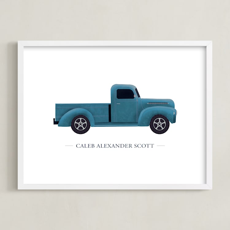 "Old American Truck" - Personalized Art Print in Blue by Rebecca Humphreys - Framed