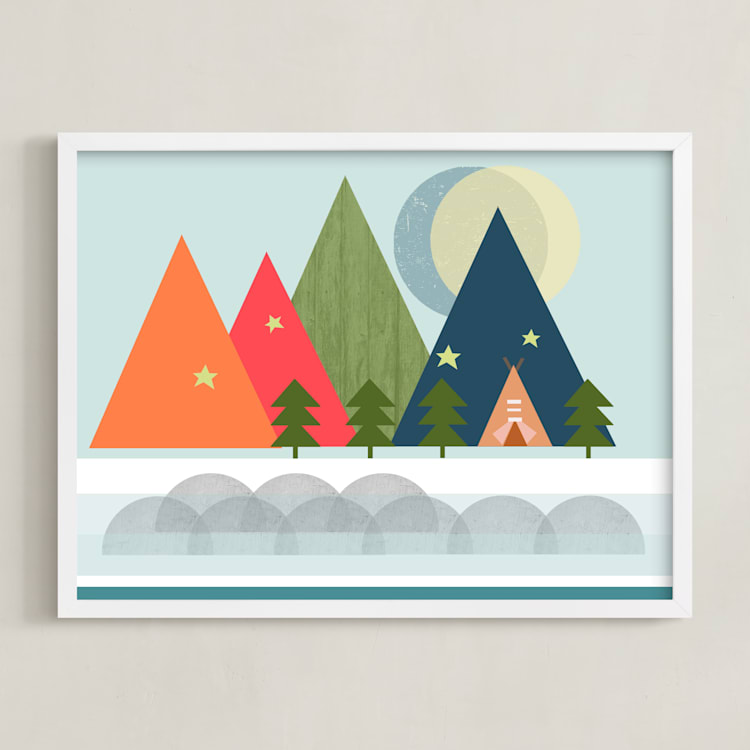 "Gone Camping" - Art Print in Camp Blue by AlisonJerry - Framed