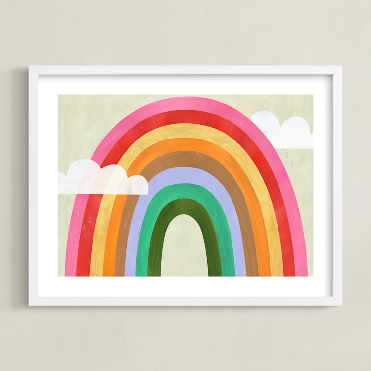 "Rainbow & Clouds" - Art Print in Ruby Red by melanie mikecz - Framed