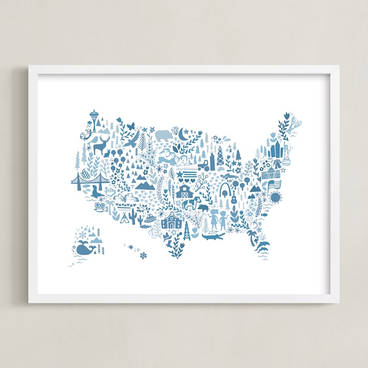 "Little Big United States Map" - Art Print in Blueberry by Jessie Steury - Framed