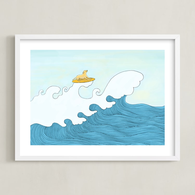 "dog surfing" - Art Print in Sea Blue by Helen H Wu - Framed