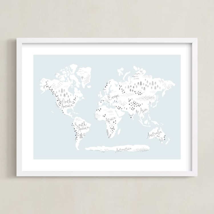 "Beautiful World Map" - Art Print in Soft Sky by Jessie Steury - Framed