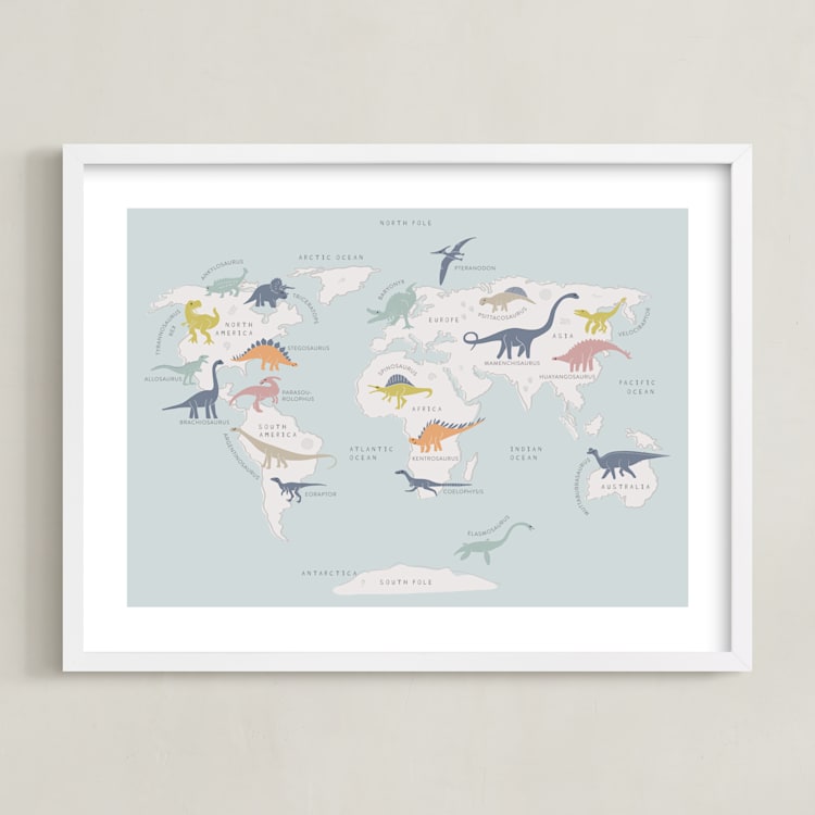 "Dino World" - Art Print in Ocean Blue by Teju Reval - Framed