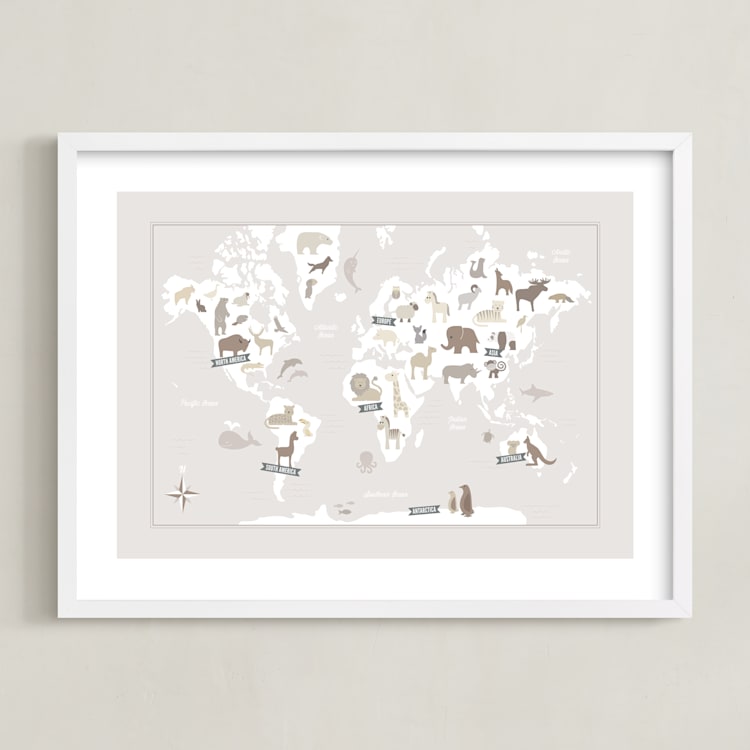 "Animal World Map" - Art Print in Beige by Jessie Steury - Framed