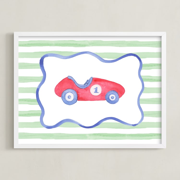 "Vintage Play Car" - Art Print in Race Car Red by Little Blue Designs - Framed