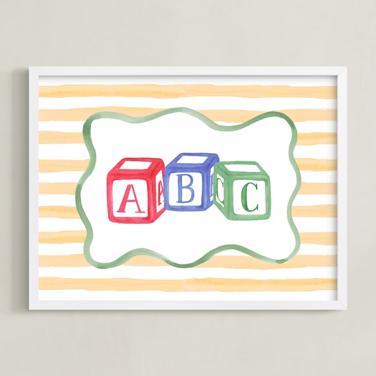 "Vintage Play Blocks" - Art Print in Block Yellow by Little Blue Designs - Framed
