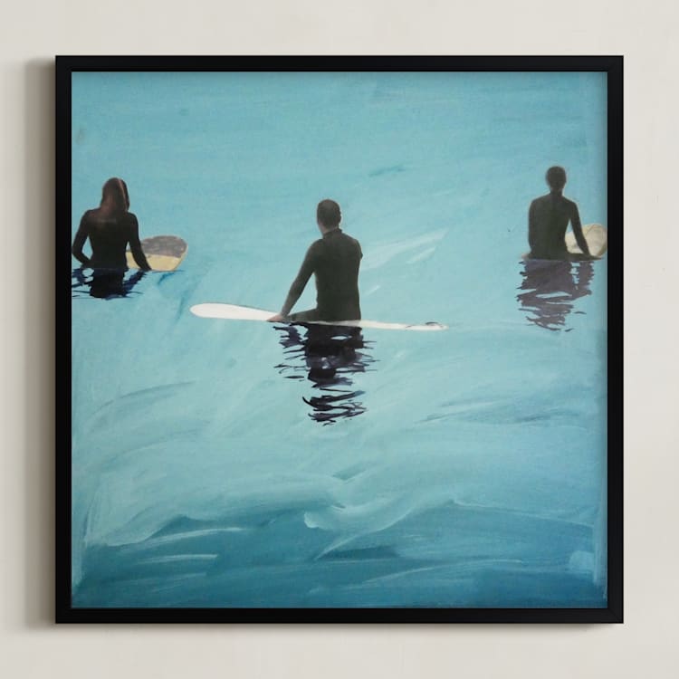"3 Surfers Waiting, Venice Pier" - Art Print in Pacific Ocean Emerald by Annie Seaton - Framed