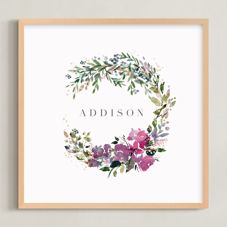 "Botanical Name Wreath" - Personalized Art Print in Magenta by Lori Wemple - Framed