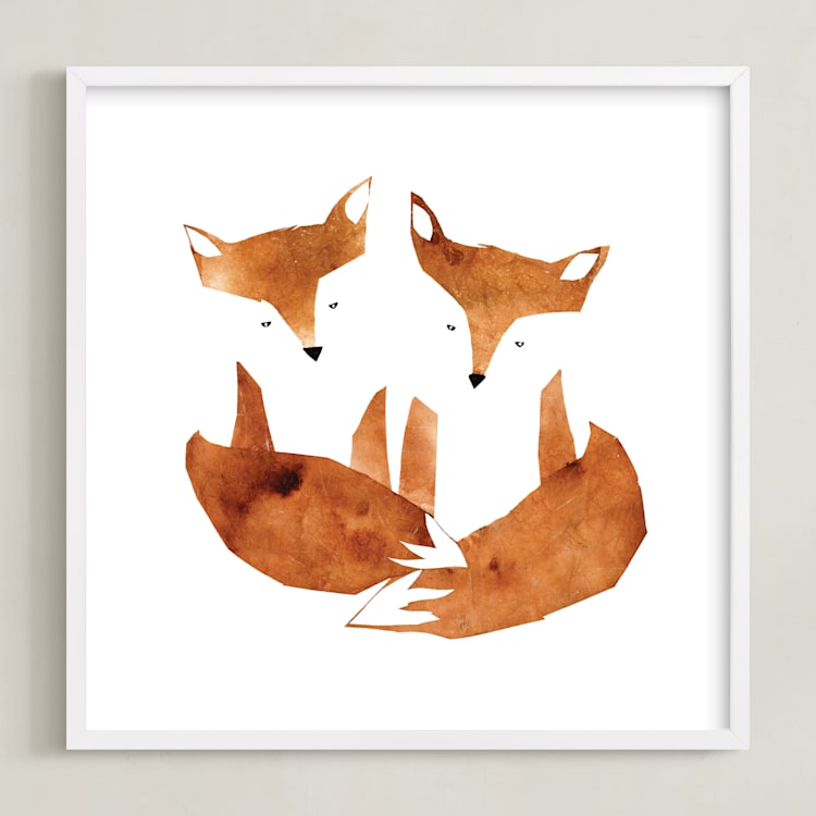 "Twin Foxes" - Art Print in Earthy Red by Mia Posada - Framed