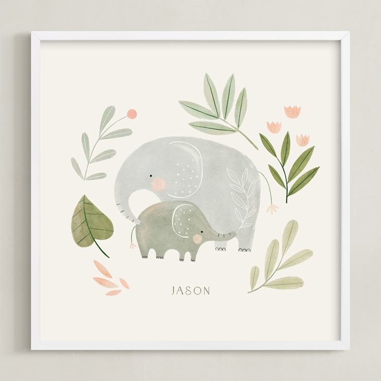 "Elephant duo" - Personalized Art Print in Soft Sage Green by Tati Abaurre - Framed