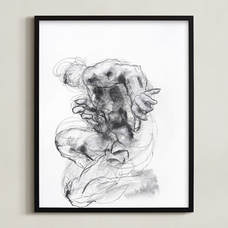 "Drawing 538 - Crouching Figure" - Art Print in Slate Black by Derek overfield - Framed