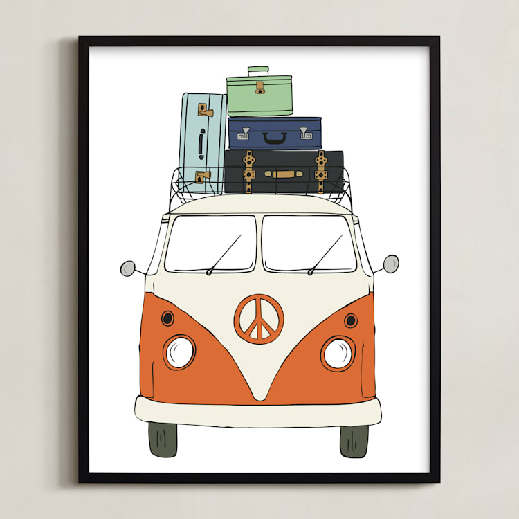 "The Peace Van on the Road" - Art Print in Orange by Alston Foster - Framed