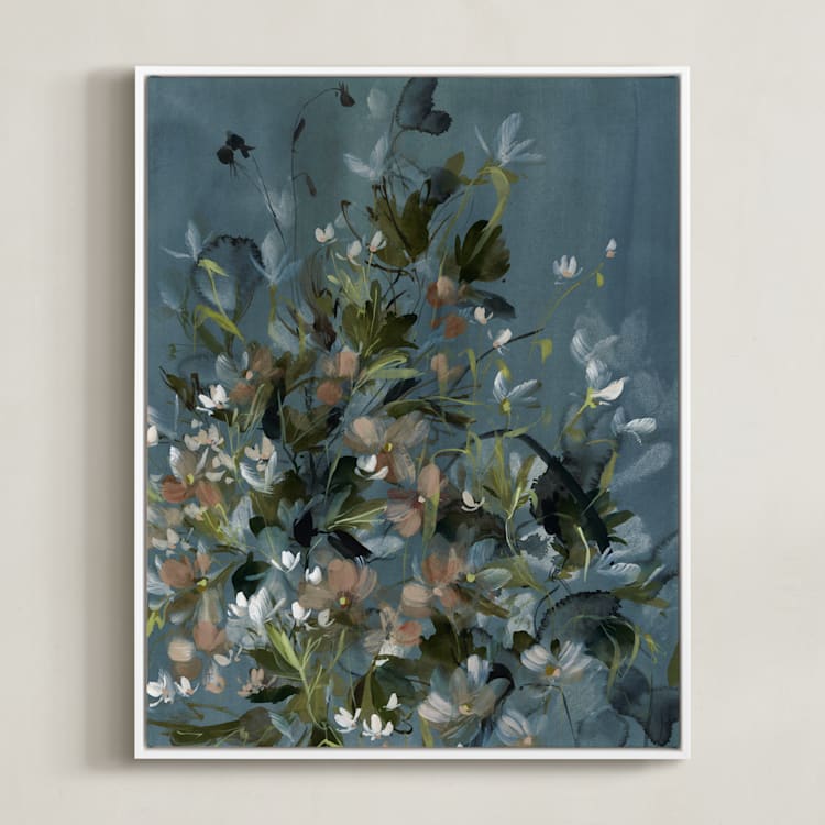 "Hydrangeas at Dusk" - Art Print in Ocean by Kelly Ventura - Framed Canvas