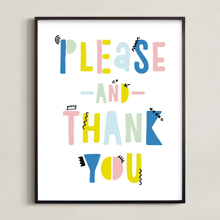 "Please and Thank You" - Art Print in Lake Blue by Erika Firm - Framed