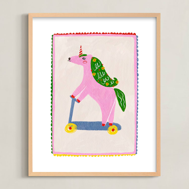 "Rollin Unicorn" - Art Print in Cherry Blossom by Kartika Paramita - Framed