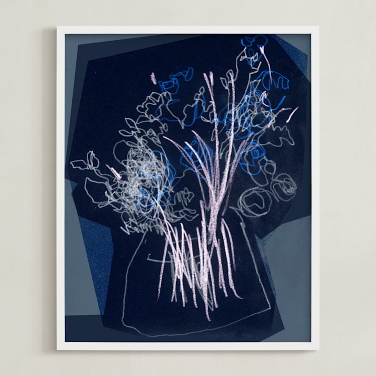 "An attempt on gestural drawing" - Art Print in dark blue flowers by Bethania Lima - Framed