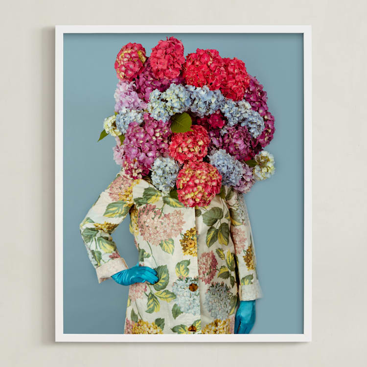 "Shes Blooming Worth " - Art Print in Summer Sky Blue by Theresa Bear - Framed