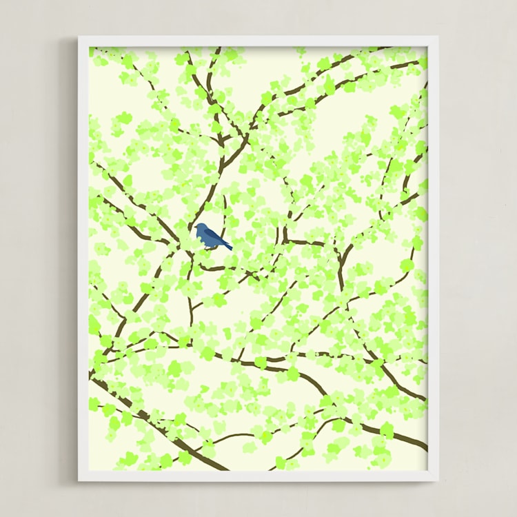 "Plum tree with Birds in Spring" - Art Print in Green Blossoms by Jorey Hurley - Framed