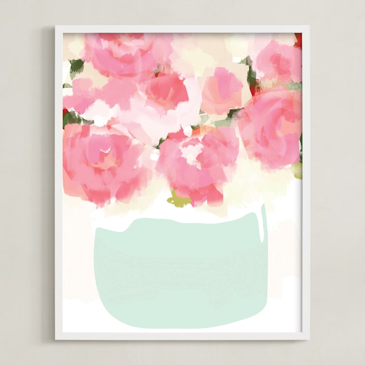 "Peonies in Vase" - Art Print in Strawberry by kelli hall - Framed