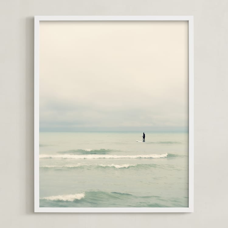 "Paddleboard Solitude" - Art Print in Warm mist by Jacquelyn Sloane Siklos - Framed