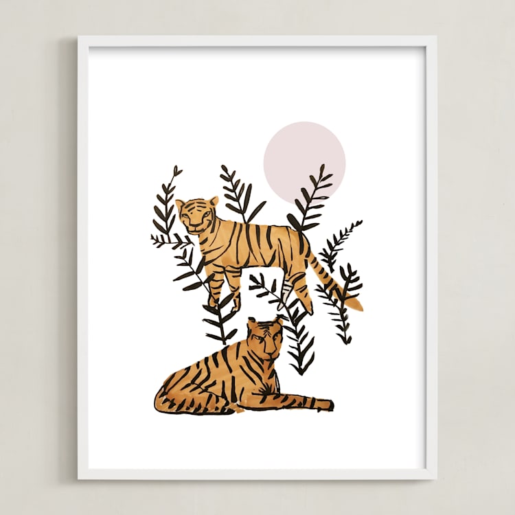 "Tigers in Tulum" - Art Print in Gold Spark by Jenna Skead - Framed