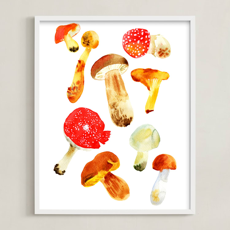 "Forest mushrooms" - Art Print in Fox orange by Alexandra Dzh - Framed