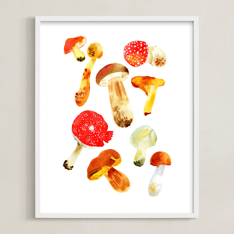 "Forest mushrooms" - Art Print in Fox orange by Alexandra Dzh - Framed