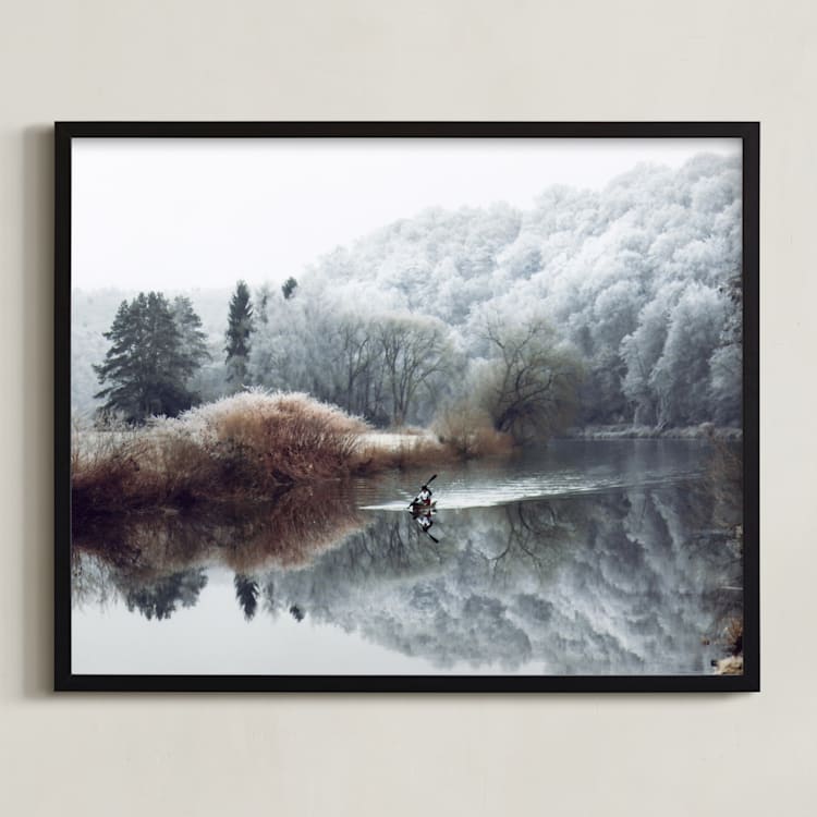 "Winter Kayak" - Art Print in dove blue by Eva Marion - Framed