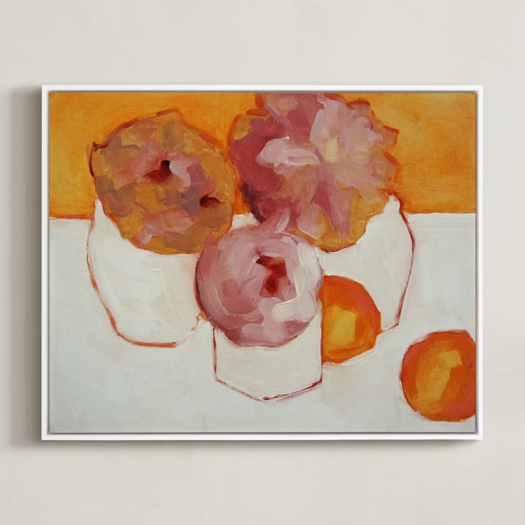 "Peonies and Kumquats" - Art Print in Tangerine by Lynne Millar - Framed Canvas