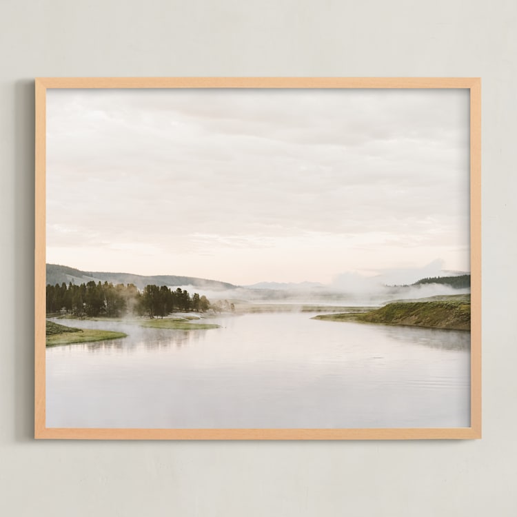 "Misty lake" - Art Print in autumn green by Kamala Nahas - Framed