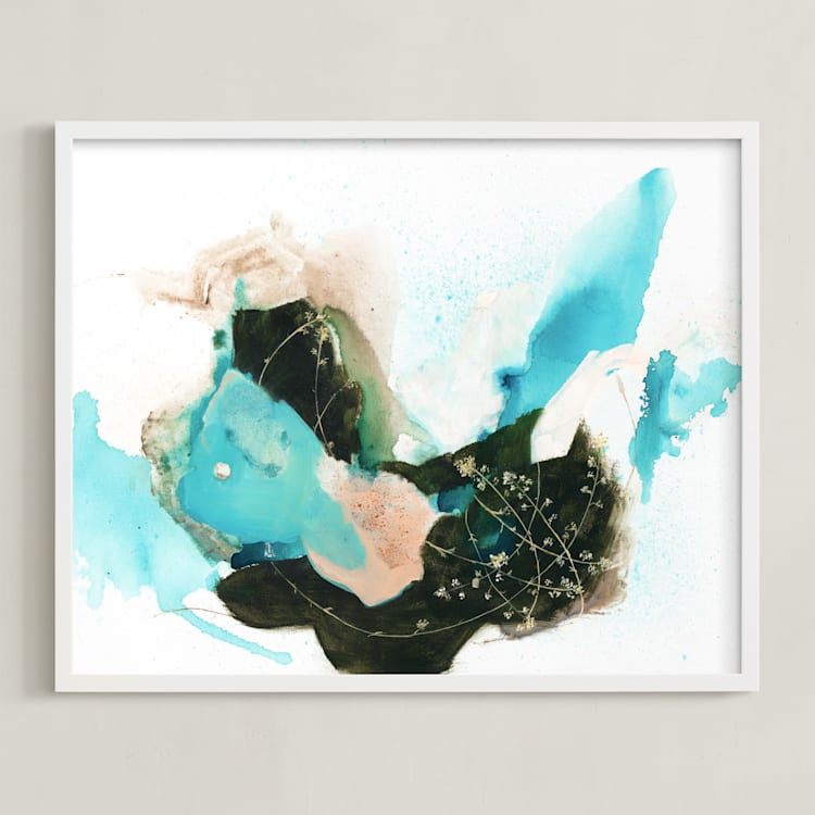 "Flora in Motion" - Art Print in aqua blue by Sarah McInroe - Framed