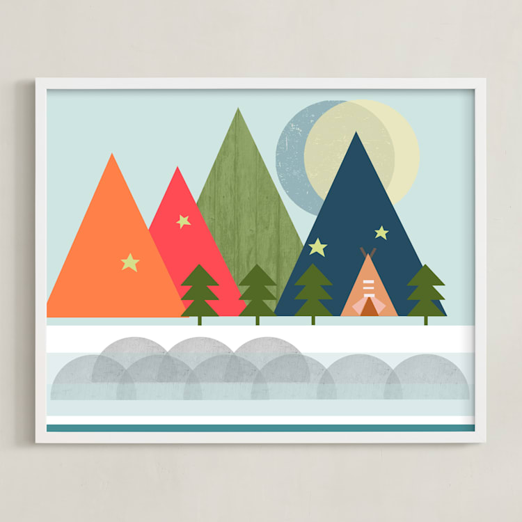 "Gone Camping" - Art Print in Camp Blue by AlisonJerry - Framed