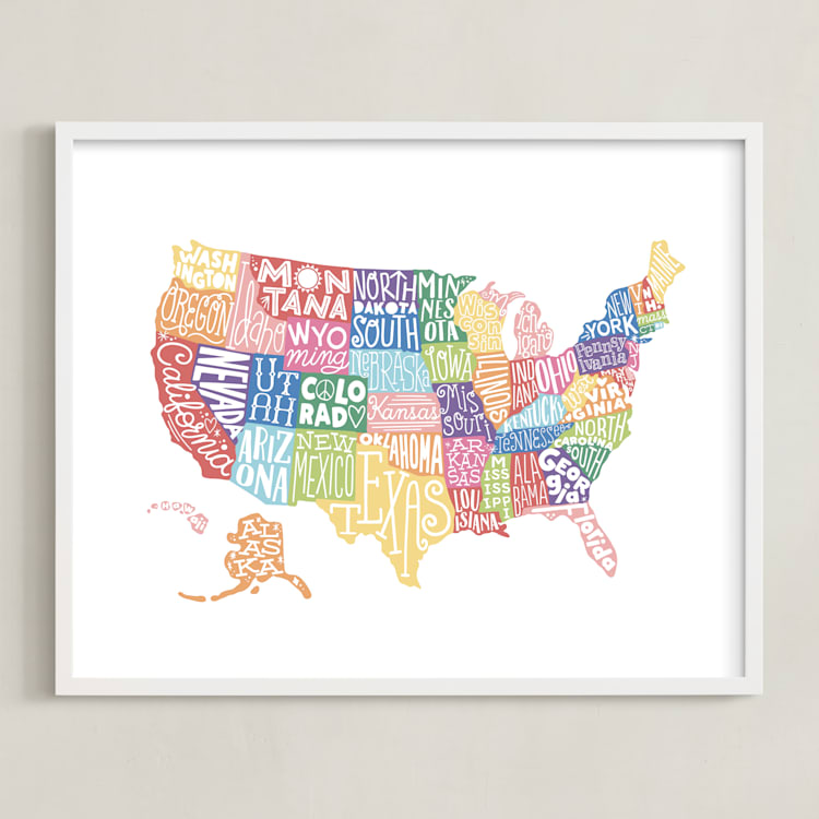 "Delightfully Lettered USA Map" - Art Print in Rainbow by Jessie Steury - Framed