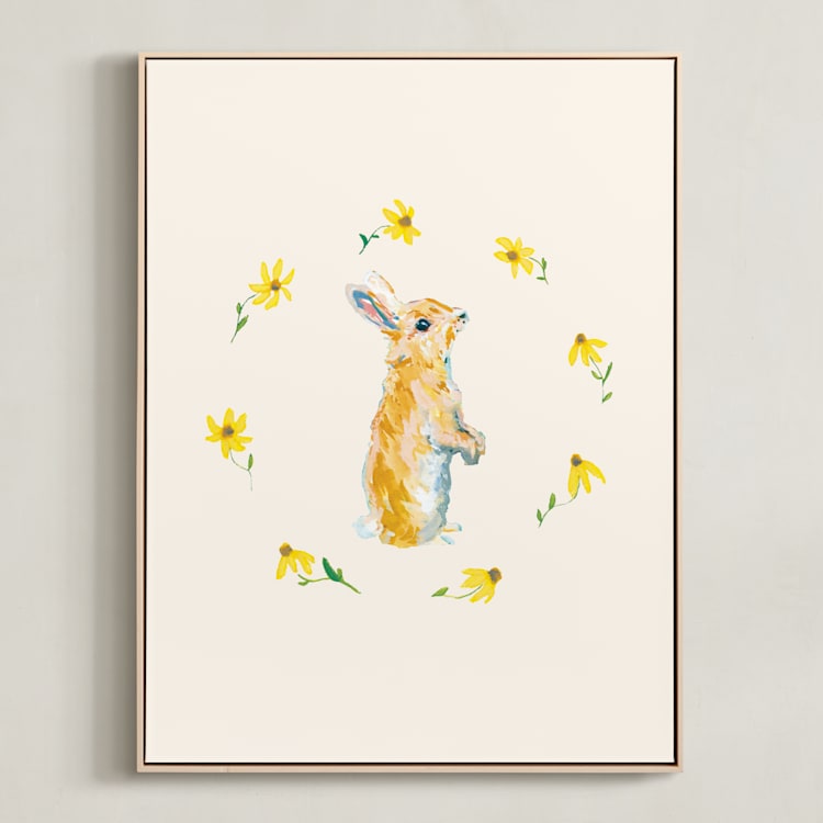 "Garden Bunnies 2" - Art Print in Velvet Beige by Hannah Beimborn - Framed Canvas