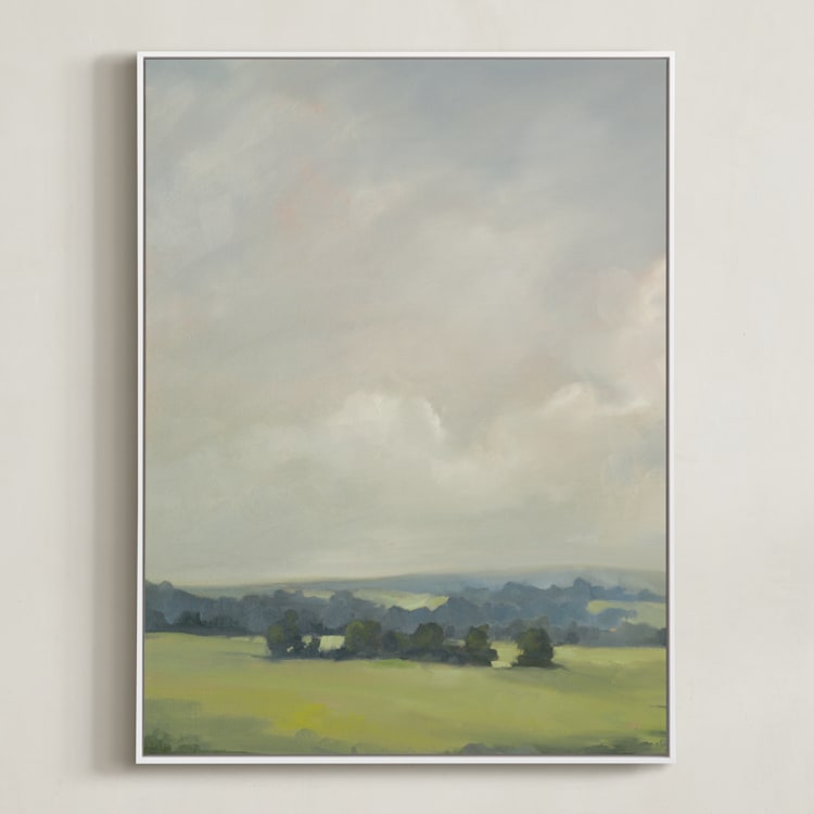 "Rosy Tomorrow I" - Art Print in Grey Blue by Stephanie Goos Johnson - Framed Canvas