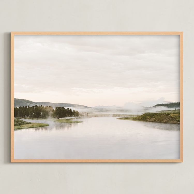 "Misty lake" - Art Print in autumn green by Kamala Nahas - Framed