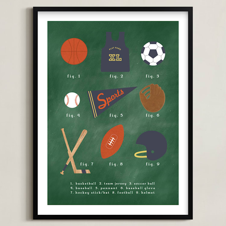 "SPORTS PRIMER" - Art Print in Chalkboard Green by Susan Brown - Framed