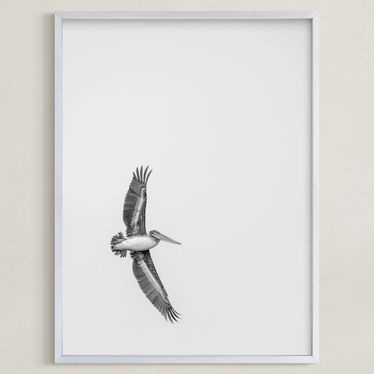 "Gliding Pelican Over Lake" - Art Print in Monochrome by Mary Ann Glynn-Tusa - Framed