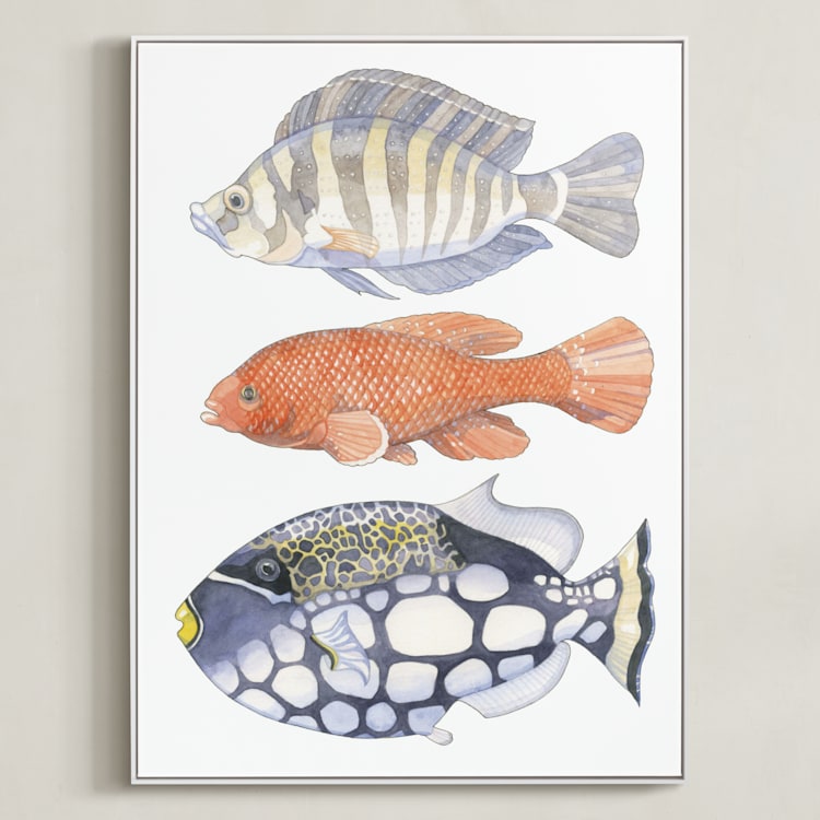 "Three Fish" - Art Print in tangerine by Natalie Groves - Framed Canvas