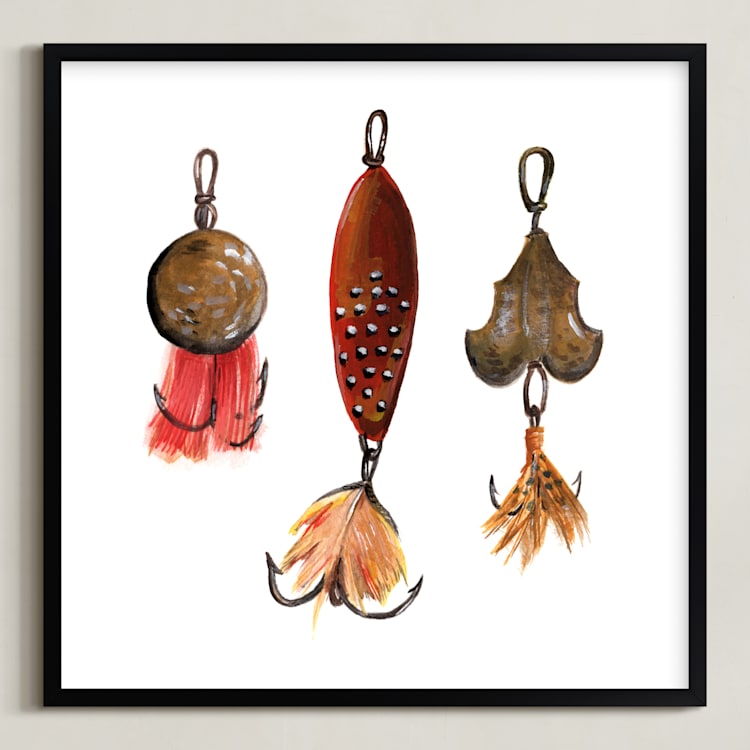 "Fishing Lures No. 1" - Art Print in Dark Gold by Tanya Lee of Frooted Design - Framed