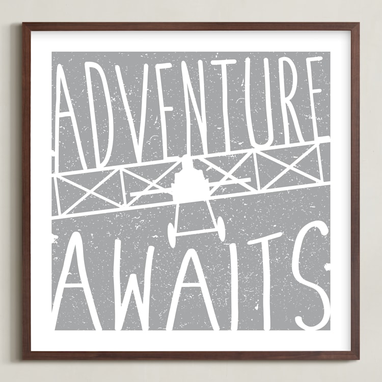 "Adventure Awaits Vintage Airplane" - Art Print in White by Lorena Depante - Framed