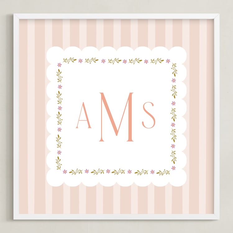 "Meadow Stripes Monogram" - Personalized Art Print in Blush by Ana Sharpe - Framed