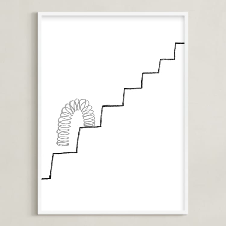"Slinky on the Stairs" - Art Print in grayscale by Elliot Stokes - Framed