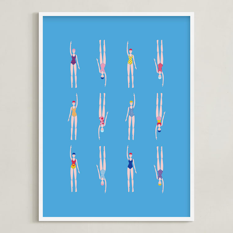 "Nadadoras" - Art Print in Pool Blue by Nieves Herranz - Framed