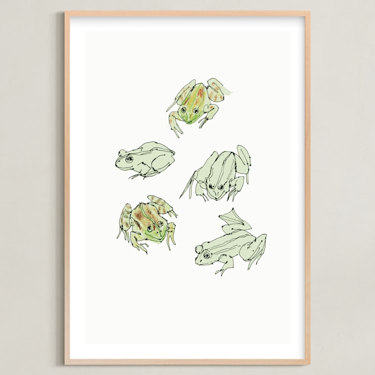 "Frog sketches" - Art Print in Pastel Green by Catilustre - Framed